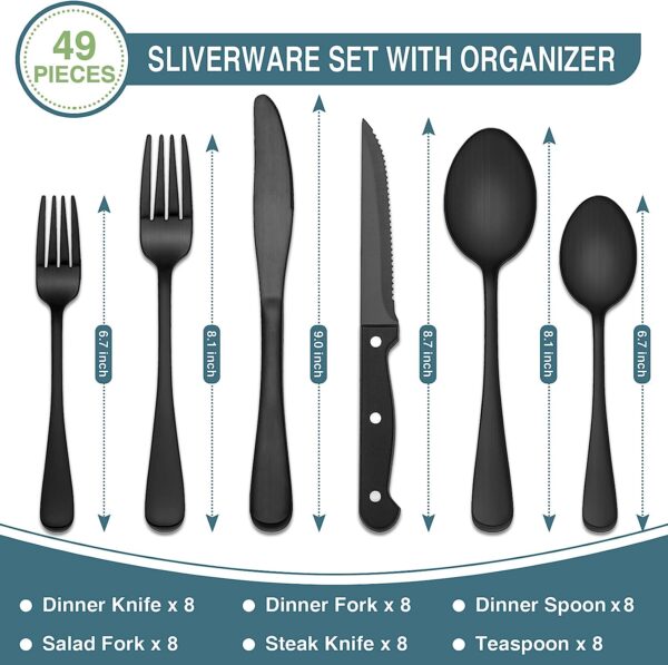 Black Silverware Set, Umite Chef 49-Piece Flatware Set with Drawer Organizer, Durable Stainless Steel Cutlery Set for 8, Tableware Eating Utensils with Steak Knives for Home Restaurant - Image 2